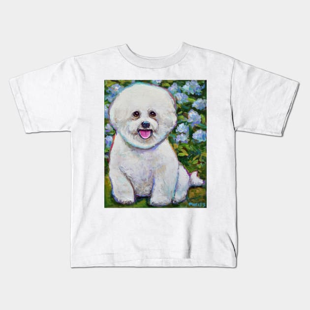 Bichon Frise in the Garden Painting by Robert Phelps Kids T-Shirt by RobertPhelpsArt